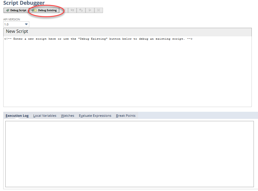 Script Debugger page with Debug Existing button highlighted.