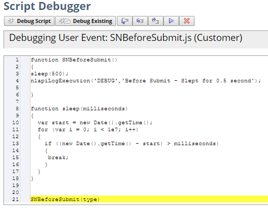 Script Debugger page debugging an existing user event script.