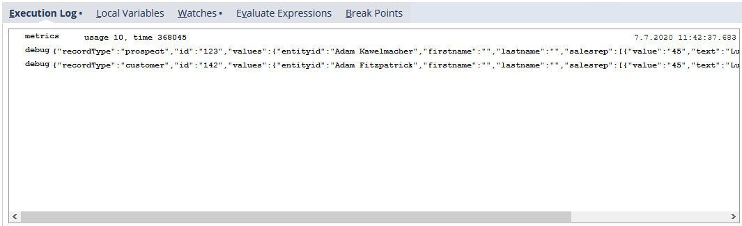Script Debugger Execution Log tab with two debug statements.