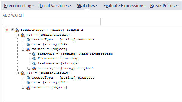 Script Debugger Watches tab with watch variables expanded.
