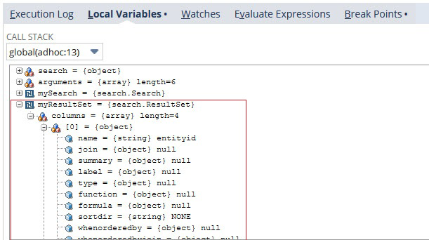 Script Debugger Local Variables tab with a variable fully expanded.