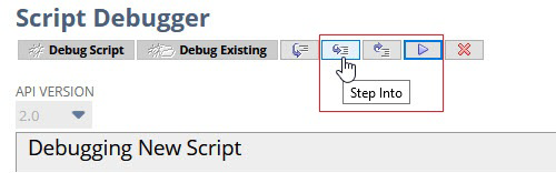 Script Debugger with Step Into button highlighted.