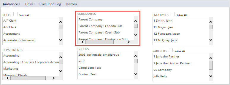 The Script Deployment page using the Audience tab for OneWorld accounts with the Subsidiaries list highlighted.