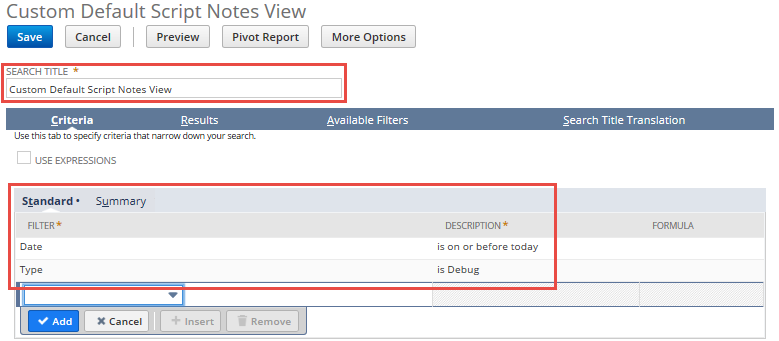 Customized view of the Execution Log with Search Title and Criteria fields highlighted.