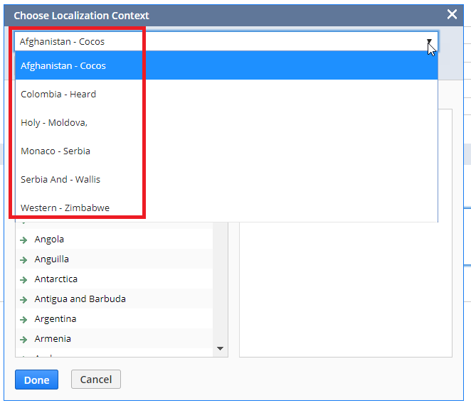Localization Context window with example of available countries.