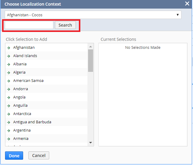 Localization Context window with Search field highlighted.