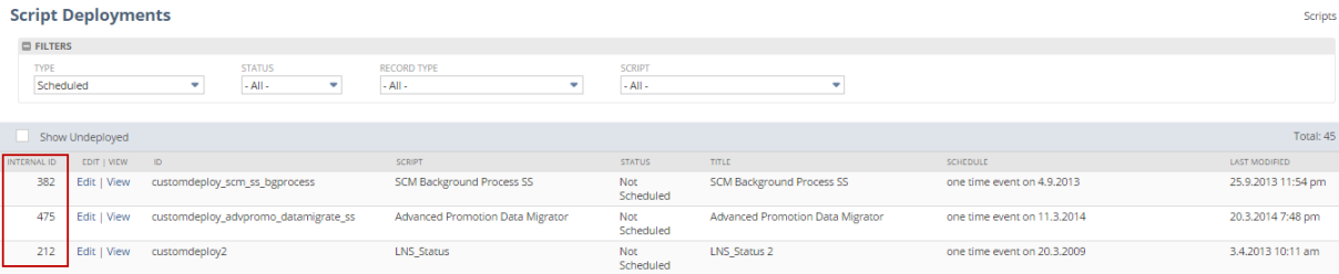The Script Deployments page with the Internal ID column highlighted.