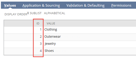 The Values tab with the ID column highlighted.