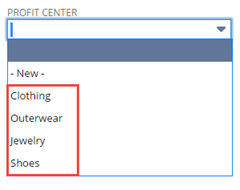 The Profit Center list field with list items highlighted.