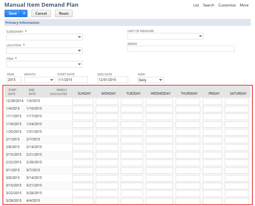 Daily Demand Plan section of the Demand Plan Detail Sublist page.