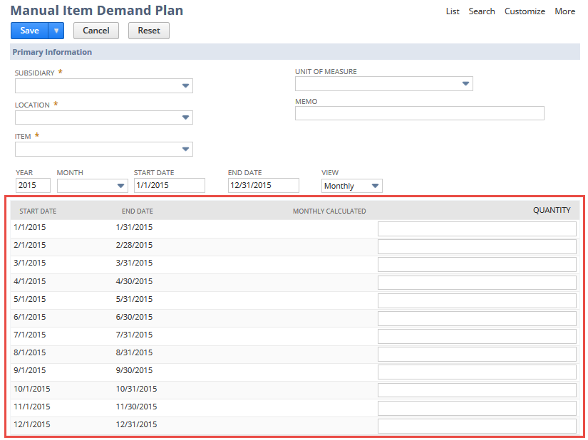 Monthly Demand Plan section of the Demand Plan Detail Sublist page.