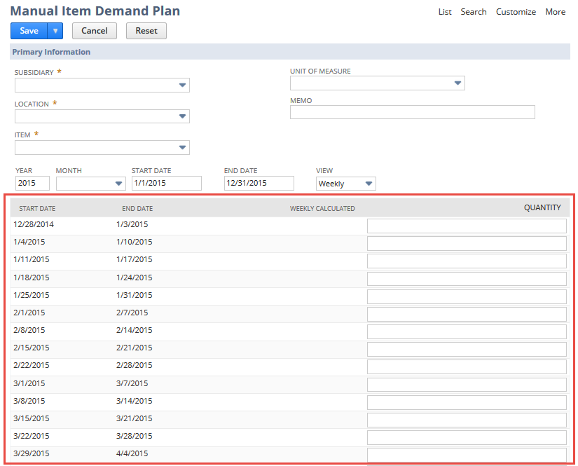 The Manual Item Demand Plan page with the weekly demand plan section highlighted.