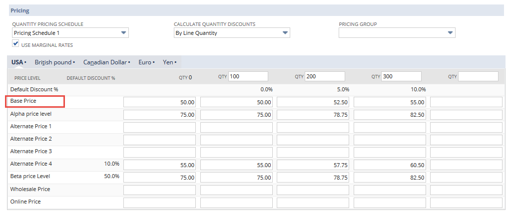 The pricing matrix for USA currencies with the Base Price row highlighted.