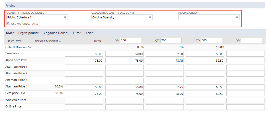 The Pricing sublist with the Quantity Pricing Schedule, Calculate Quantity Discounts, Pricing Group, and Use Marginal Rates fields highlighted.