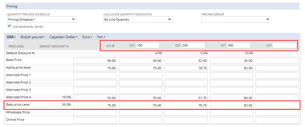 The pricing matrix for USA currencies with the quantity columns and one Price Level row highlighted.