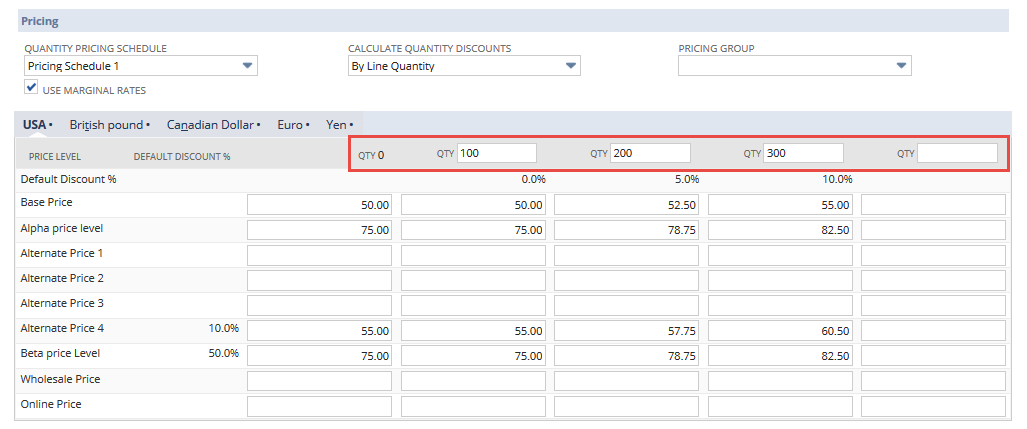 The pricing matrix with the quantity fields highlighted.