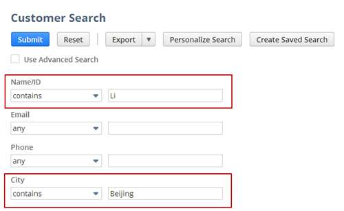 A basic customer search in the UI.
