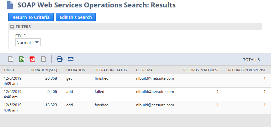 The results of a SOAP web services operations search.