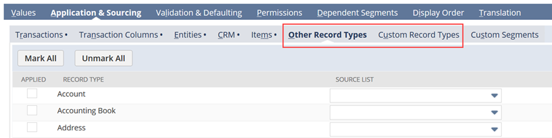 The Application & Sourcing subtab of a custom segment.