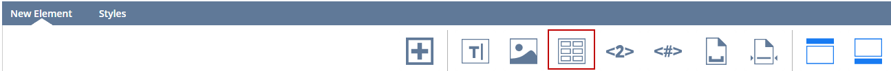 Advanced PDF/HTML Templates New Element toolbar with the Tables button outlined in red.