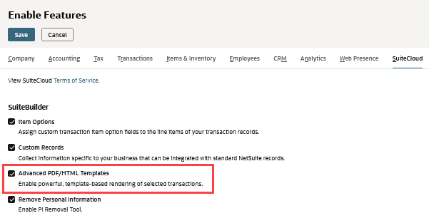 Enable Features page with the Advanced PDF/HTML Templates box checked.