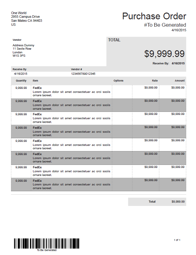 Advanced PDF/HTML Templates sample Purchase Order showing striping and dotted borders.