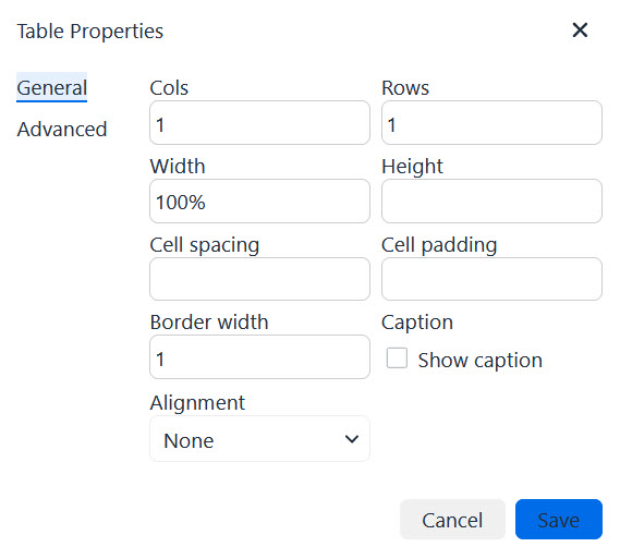 Advanced PDF/HTML Templates Table Properties popup window