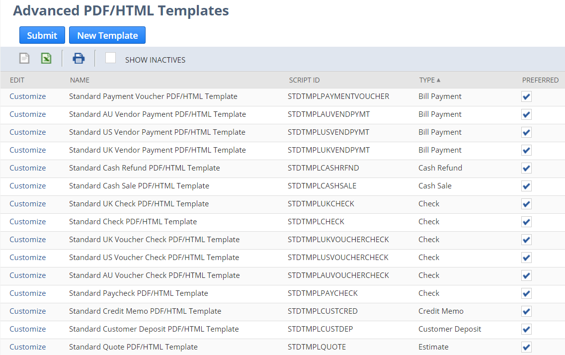 Advanced PDF/HTML Templates list page