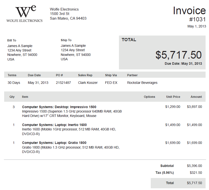 Sample invoice using an advanced template.