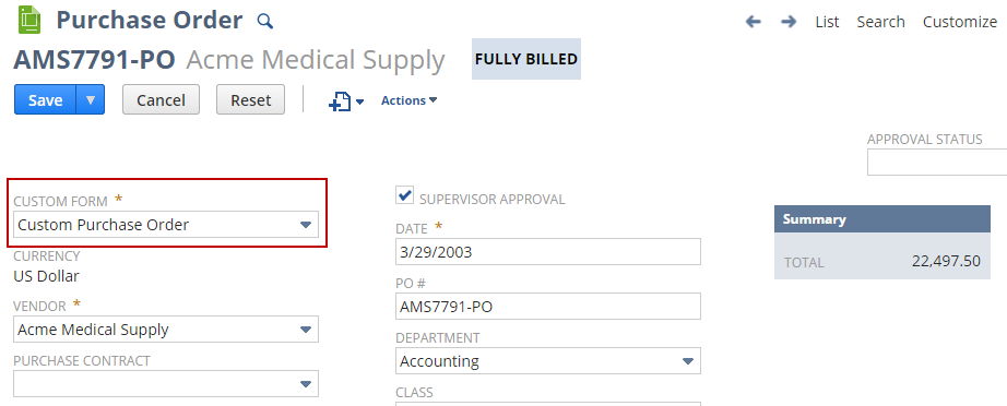 Sample Purchase Order page with the Custom Form field outlined in red.