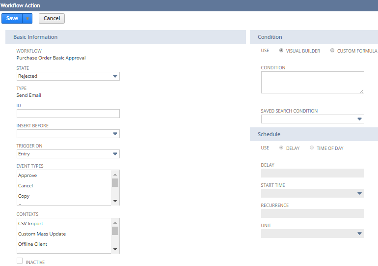 A portion of the Workflow Action screen showing the different properties you can set for the action.