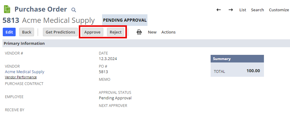 A purchase order with approve and reject buttons added with the Add Button action.