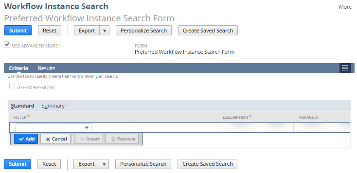A portion of the Advanced Workflow Instance Search interface.