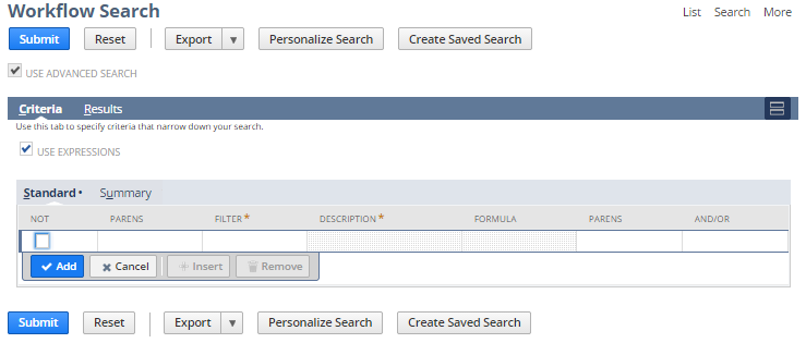 A portion of the Advanced Workflow Search instance.