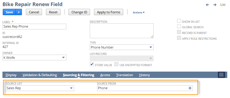 A portion of the workflow definition page showing a custom field definition with the Sales Rep Phone sourced from the Phone field on the Sales Rep record.