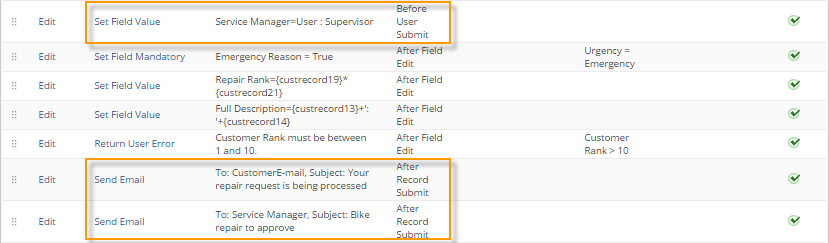 A screenshot that shows actions for a state set to execute on the Before User Submit and After Record Submit triggers. The actions on the After Record Submit trigger require specific field values to be present in the database to execute.