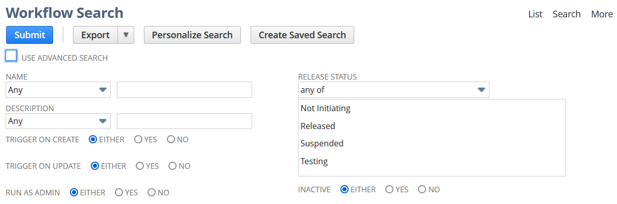A portion of the basic workflow definition search showing search criteria. Search options shown include Name, Description, Trigger on Create, Trigger on Update, Run as Admin, Release Status, and Inactive status.