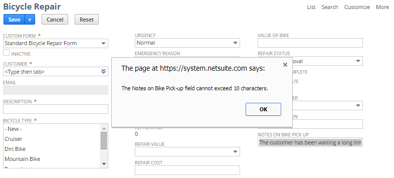 An example of an error message that appears as a result of the Return User Errir action being added to the workflow.