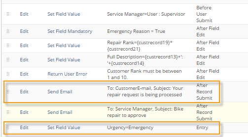 A portion of the Workflow State window with the two actions that executed highlighted: Send Email and Set Field Value.