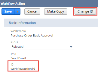 A portion of the Workflow Action screen with the Change ID button highlighted.