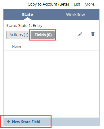 A portion of the context panel showing the Fields view and the New State Field selected.