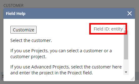 An image of the Customer Field Help window, with the field ID highlighted.