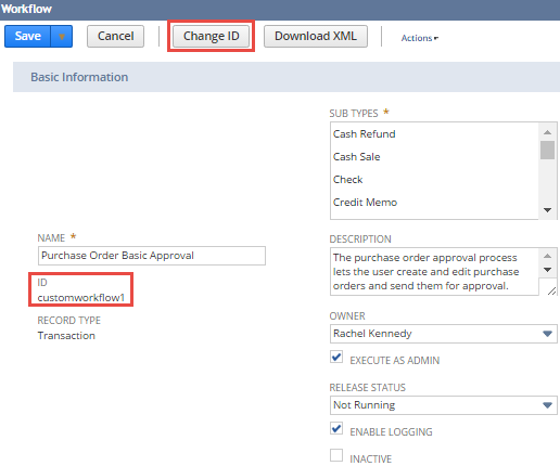 A portion of the workflow definition page highlighting the Change Id button located at the top of the page.