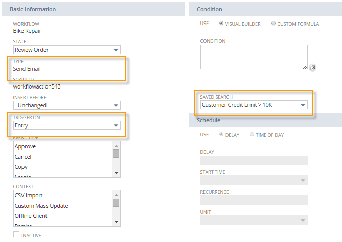A sample workflow that includes a saved search that executes on Customer Credit Limit > 10k.