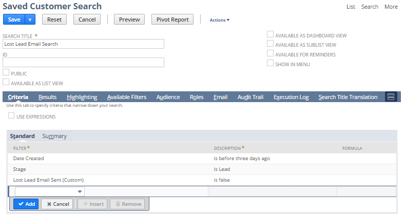 A portionof the Saved Customer Search page with the Criteria and Standard subtabs selected.