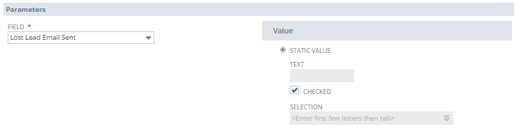A portion of the parameters sectin showing Static Value as selected and the Checked checkbox enabled.