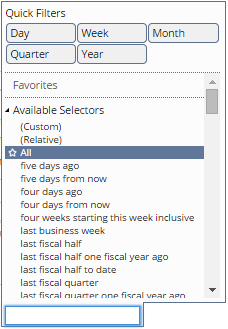 A portion of the quick filters available to set for a date range. Options shown include Day, Week, Month, Quarter, and Year.