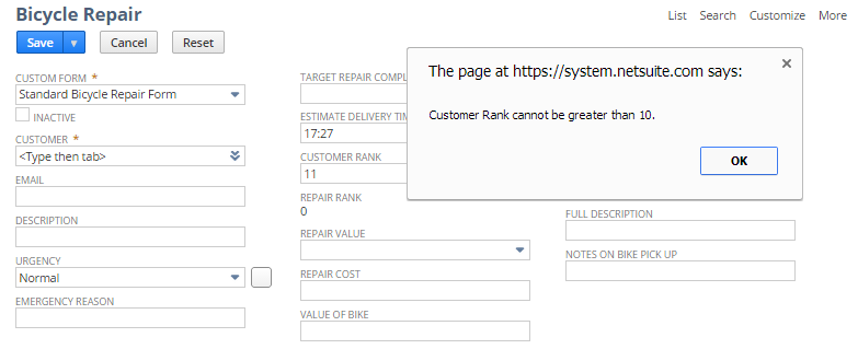 An image of the execution of the Return User Error action on a client trigger. The error message says that the Customer Rank cannot be greater than 10.