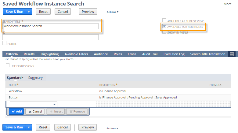 A portion of the Saved Workflow Instance Search screen with "Workflow Instance Search" entered in the Search Title, and the Available for Reminders box selected.