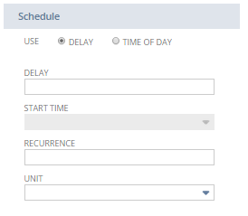 The Schedule options for an action or a transition. Options include delaying the scheduled action or transition, and selecting the start time of the delay.